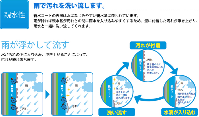 親水性。雨で汚れを洗い流します。